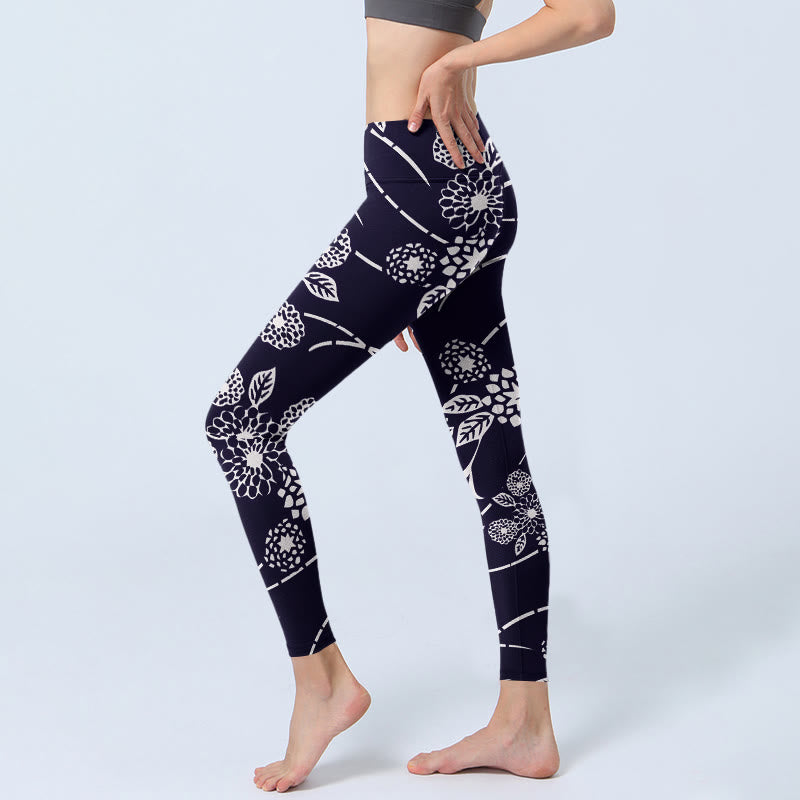 Buddha Stonesホワイトスケッチ 菊柄 ジムレギンス レディース ヨガパンツ - image 3