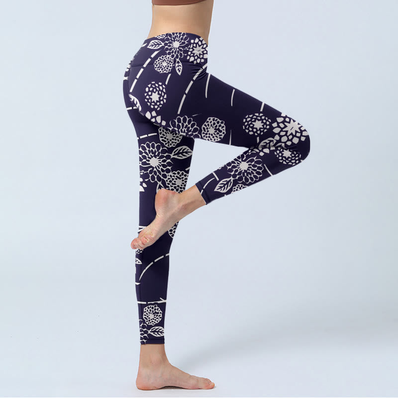 Buddha Stonesホワイトスケッチ 菊柄 ジムレギンス レディース ヨガパンツ - image 4