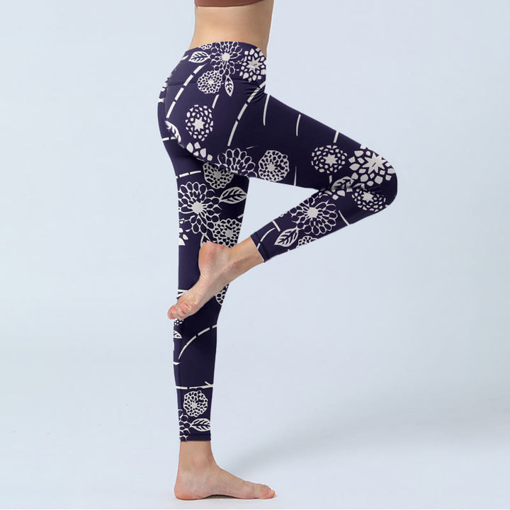 Buddha Stonesホワイトスケッチ 菊柄 ジムレギンス レディース ヨガパンツ - image 4