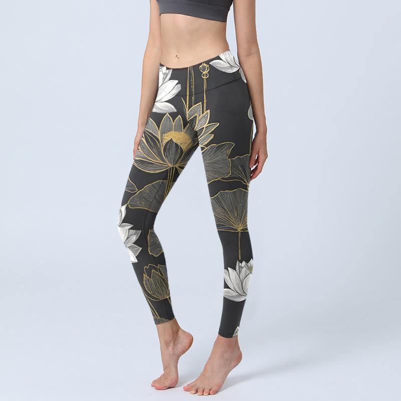 Buddha Stonesホワイト ゴールデン 蓮の葉 プリント ジムレギンス レディース ヨガパンツ - 黒 - US18、 UK/AU22、 EU50 (4XL) - image 1