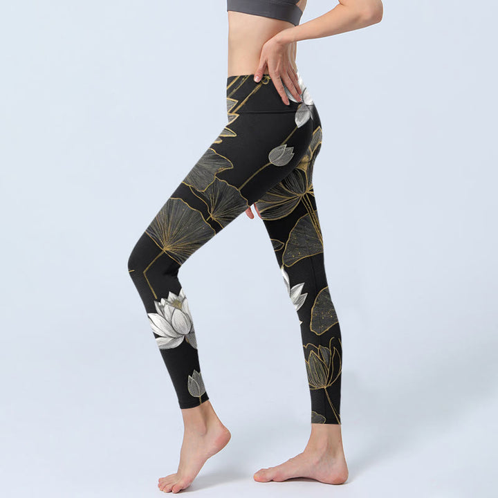 Buddha Stonesホワイト ゴールデン 蓮の葉 プリント ジムレギンス レディース ヨガパンツ - image 3