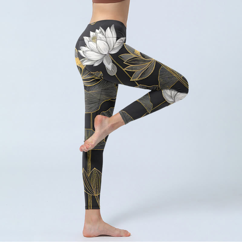 Buddha Stonesホワイト ゴールデン 蓮の葉 プリント ジムレギンス レディース ヨガパンツ - image 4