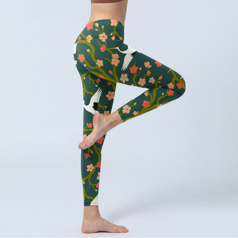 Buddha Stones、白、タンチョウヅル、赤、オレンジの花、木々のプリントジムレギンス、レディースヨガパンツ - image 4