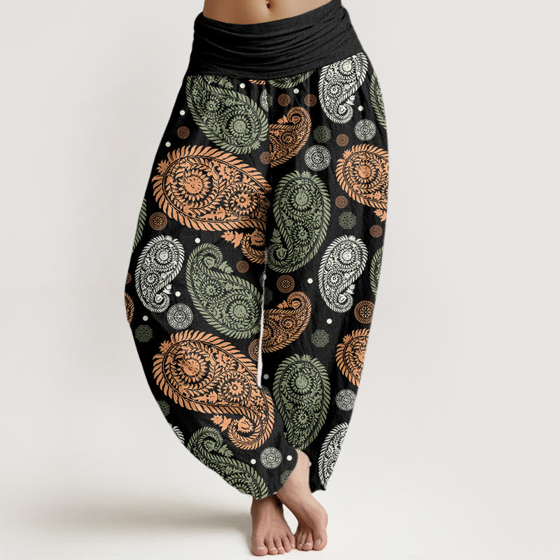 Buddha Stones、カシューナッツ、花、葉、つる、ひまわり柄、レディース、伸縮性ウエスト、ハーレムパンツ - 黒 - US22、 UK/AU26、 EU54 (6XL) - image 1