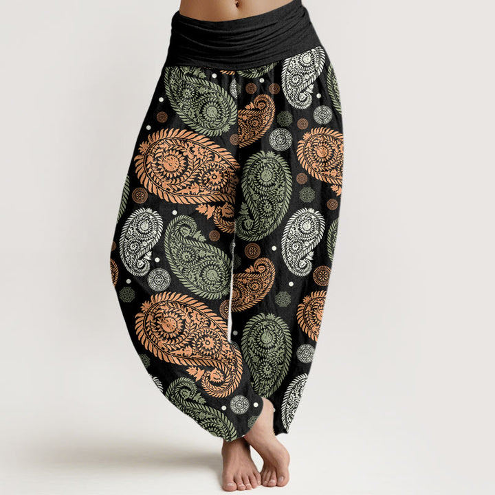 Buddha Stones、カシューナッツ、花、葉、つる、ひまわり柄、レディース、伸縮性ウエスト、ハーレムパンツ - 黒 - US22、 UK/AU26、 EU54 (6XL) - image 1