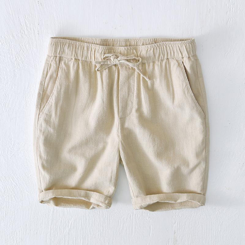 Buddha Stones夏用 無地 ドローストリング 伸縮性ウエスト メンズ コットンリネン ショートパンツ ポケット付き - ベージュ - US/UK/AU44、 EU54 (4XL) - image 0