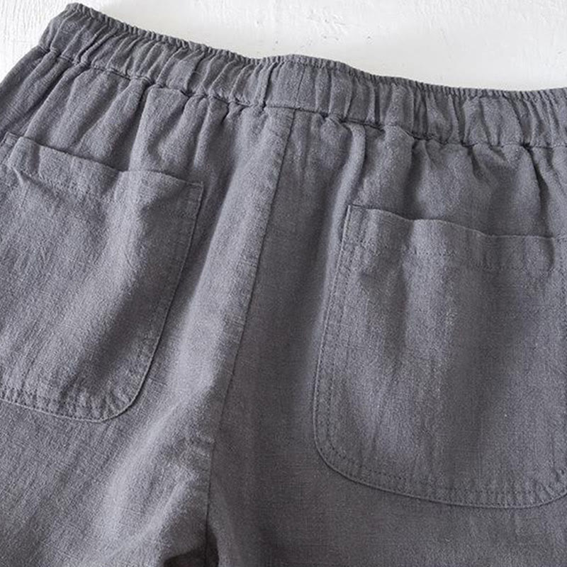 Buddha Stones夏用 無地 ドローストリング 伸縮性ウエスト メンズ コットンリネン ショートパンツ ポケット付き - image 18
