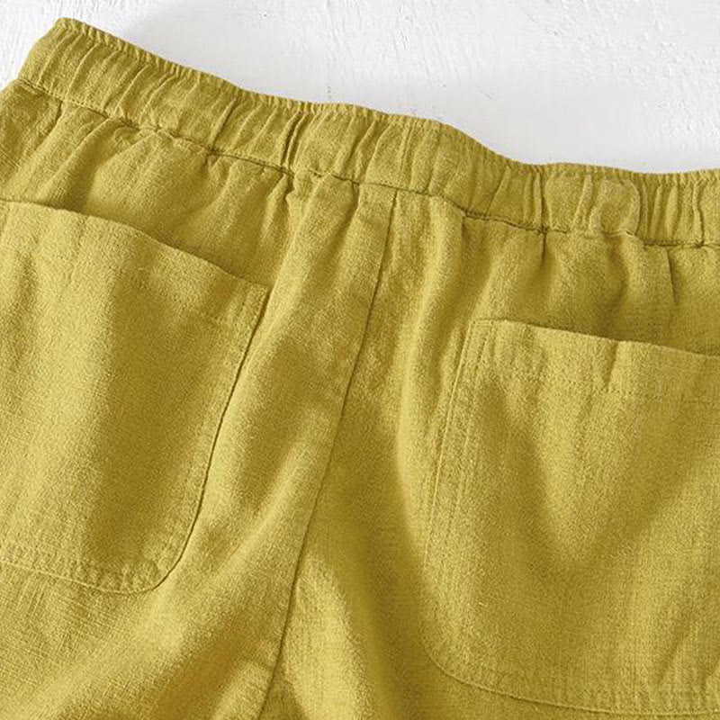 Buddha Stones夏用 無地 ドローストリング 伸縮性ウエスト メンズ コットンリネン ショートパンツ ポケット付き - image 12