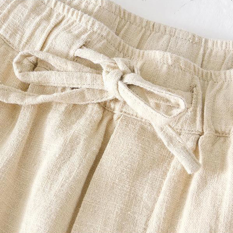 Buddha Stones夏用 無地 ドローストリング 伸縮性ウエスト メンズ コットンリネン ショートパンツ ポケット付き - image 1