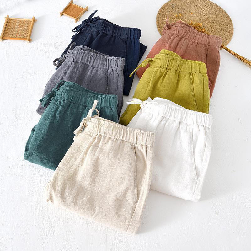 Buddha Stones夏用 無地 ドローストリング 伸縮性ウエスト メンズ コットンリネン ショートパンツ ポケット付き - image 38