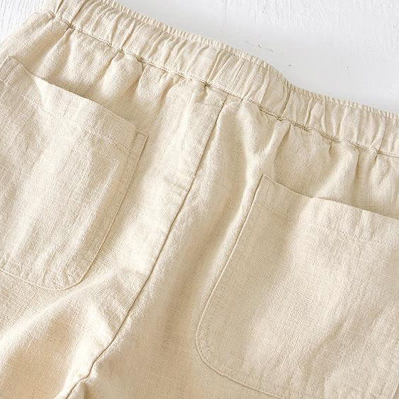 Buddha Stones夏用 無地 ドローストリング 伸縮性ウエスト メンズ コットンリネン ショートパンツ ポケット付き - image 2