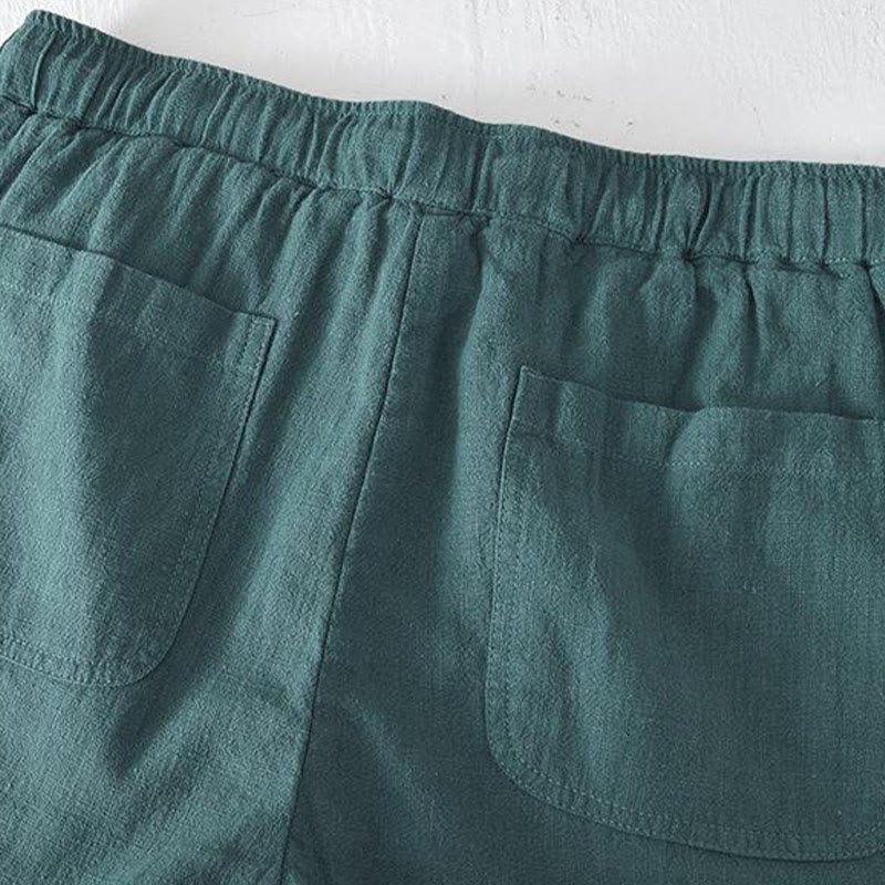 Buddha Stones夏用 無地 ドローストリング 伸縮性ウエスト メンズ コットンリネン ショートパンツ ポケット付き - image 24
