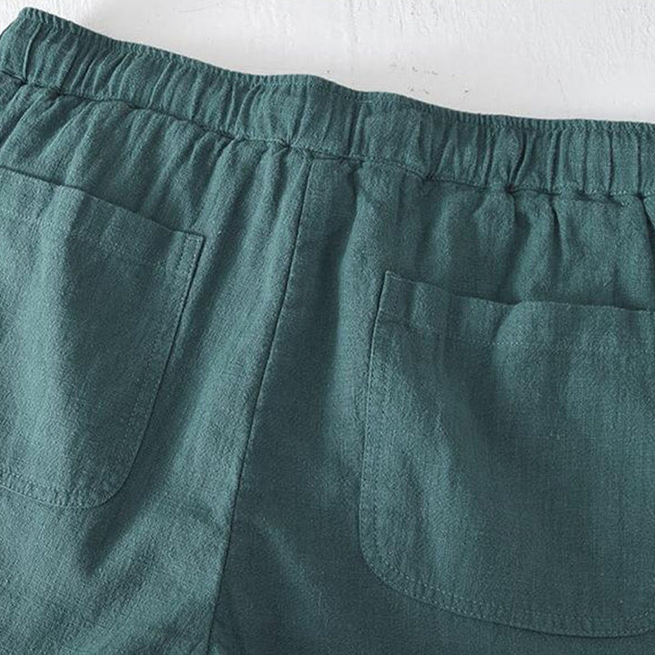 Buddha Stones夏用 無地 ドローストリング 伸縮性ウエスト メンズ コットンリネン ショートパンツ ポケット付き - image 24