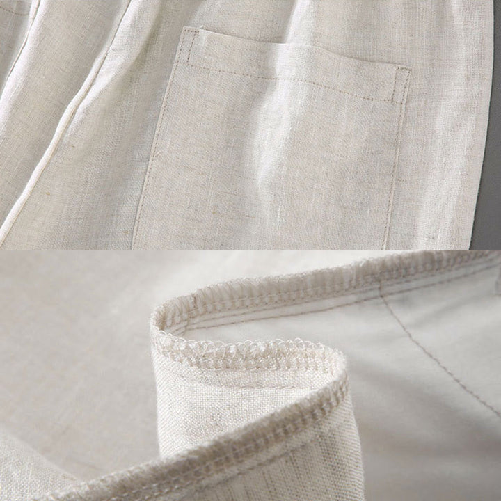 Buddha Stones夏用 無地 ドローストリングボタンデザイン メンズ リネン ショートパンツ ポケット付き - image 7