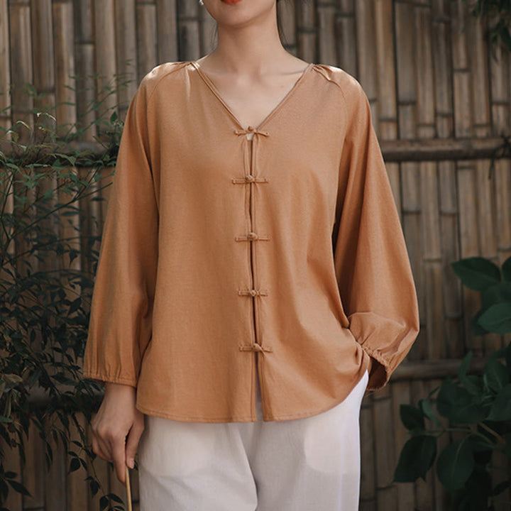Buddha Stones夏 純色 中国風 カエルボタン Vネック コットン リネン レディース 長袖シャツ - image 5