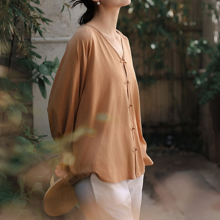 Buddha Stones夏 純色 中国風 カエルボタン Vネック コットン リネン レディース 長袖シャツ - image 9