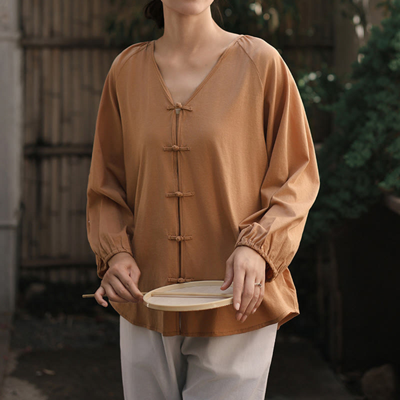 Buddha Stones夏 純色 中国風 カエルボタン Vネック コットン リネン レディース 長袖シャツ - image 7