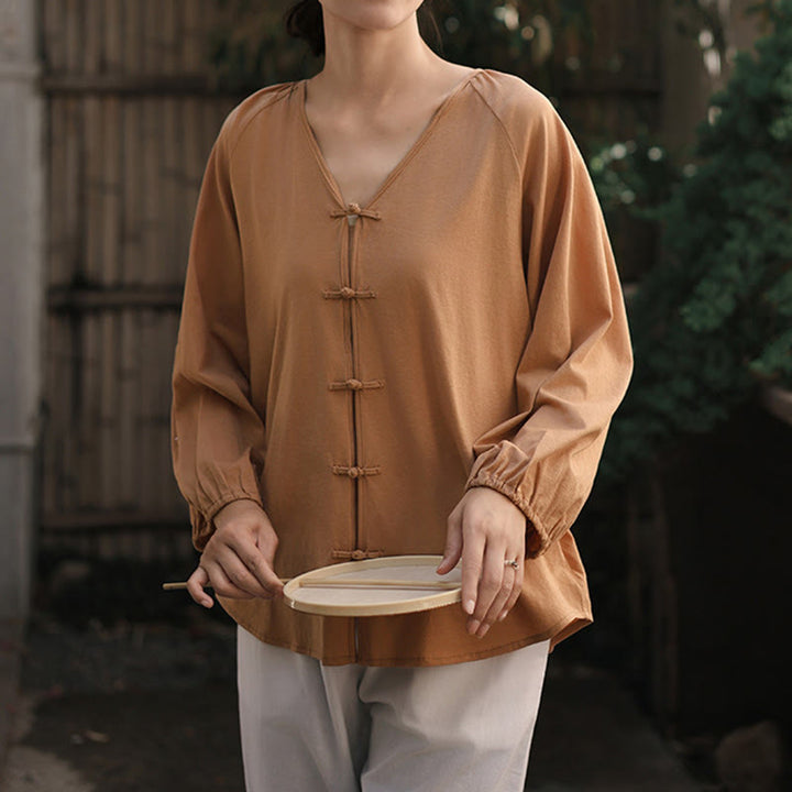 Buddha Stones夏 純色 中国風 カエルボタン Vネック コットン リネン レディース 長袖シャツ - image 7