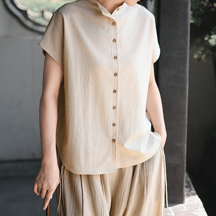 Buddha Stonesヴィンテージボタンデザインスタンドカラーコットン半袖レディースシャツ - image 12