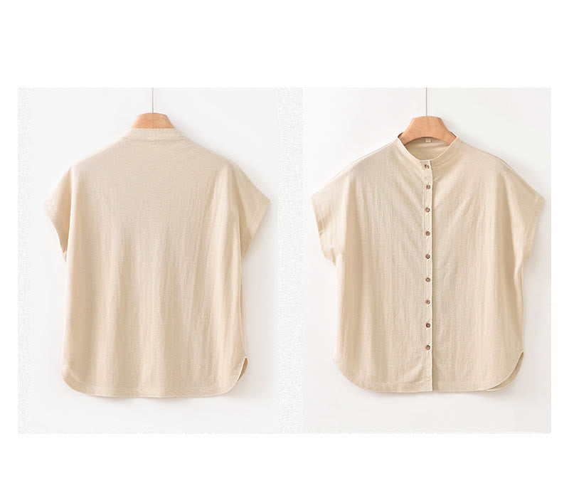 Buddha Stonesヴィンテージボタンデザインスタンドカラーコットン半袖レディースシャツ - image 21