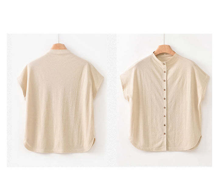 Buddha Stonesヴィンテージボタンデザインスタンドカラーコットン半袖レディースシャツ - image 21
