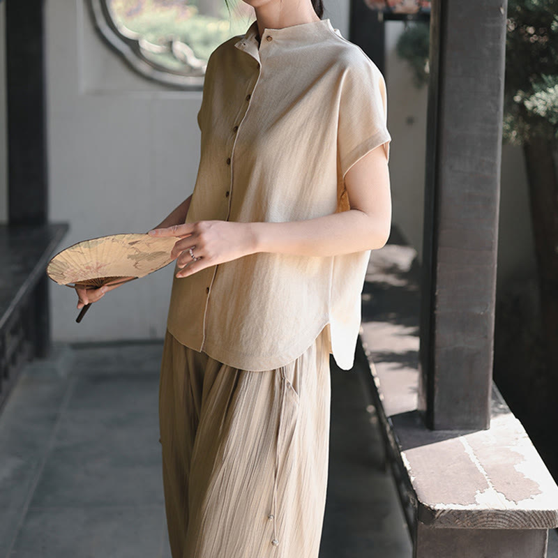 Buddha Stonesヴィンテージボタンデザインスタンドカラーコットン半袖レディースシャツ - image 14