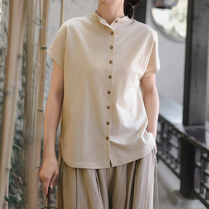 Buddha Stonesヴィンテージボタンデザインスタンドカラーコットン半袖レディースシャツ - image 10