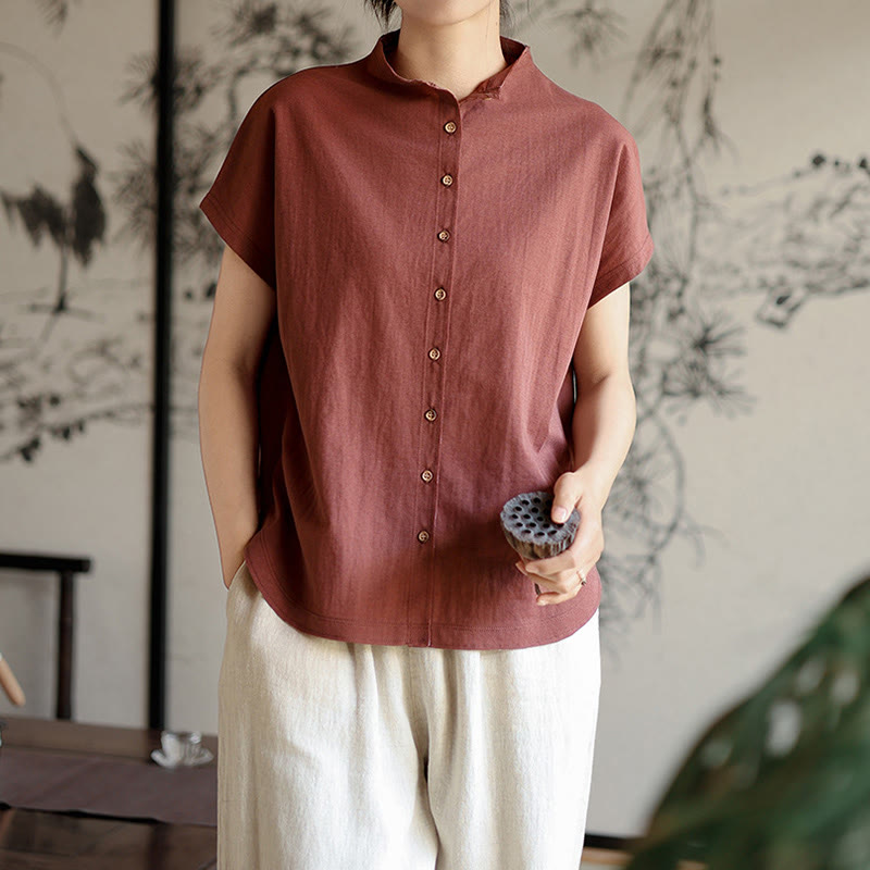 Buddha Stonesヴィンテージボタンデザインスタンドカラーコットン半袖レディースシャツ - image 3