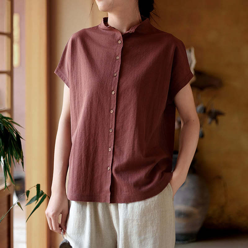 Buddha Stonesヴィンテージボタンデザインスタンドカラーコットン半袖レディースシャツ - image 2