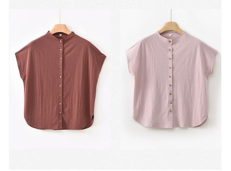 Buddha Stonesヴィンテージボタンデザインスタンドカラーコットン半袖レディースシャツ - image 23