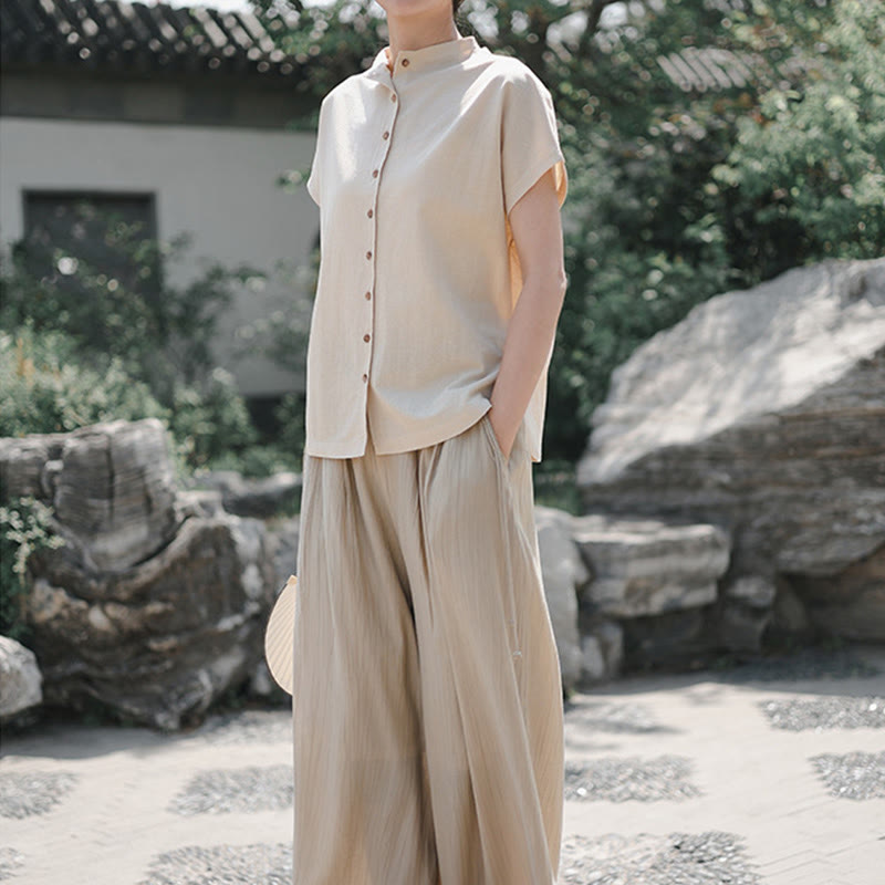 Buddha Stonesヴィンテージボタンデザインスタンドカラーコットン半袖レディースシャツ - image 15