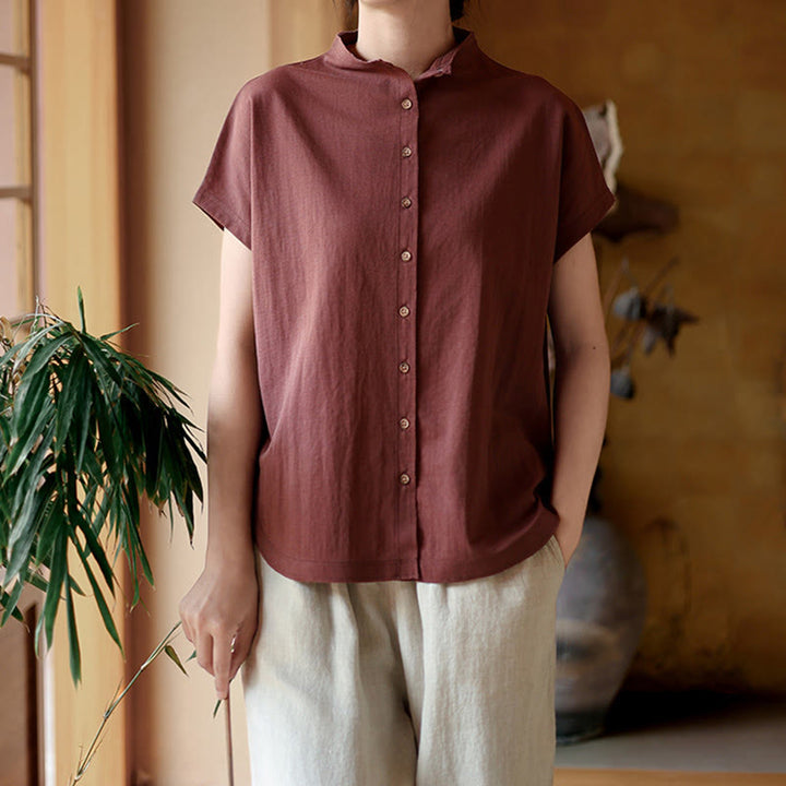Buddha Stonesヴィンテージボタンデザインスタンドカラーコットン半袖レディースシャツ - image 4
