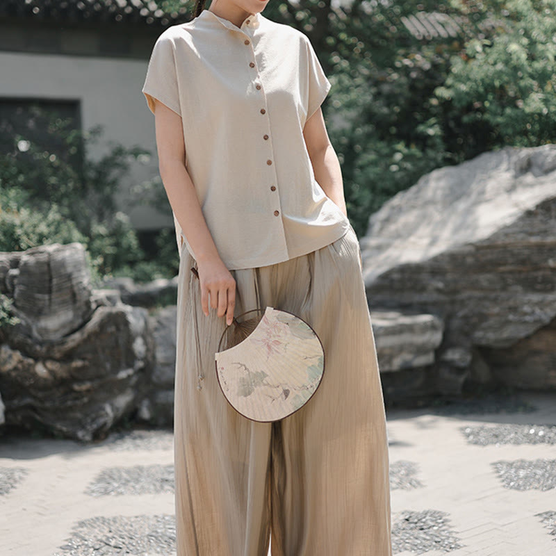 Buddha Stonesヴィンテージボタンデザインスタンドカラーコットン半袖レディースシャツ - image 16