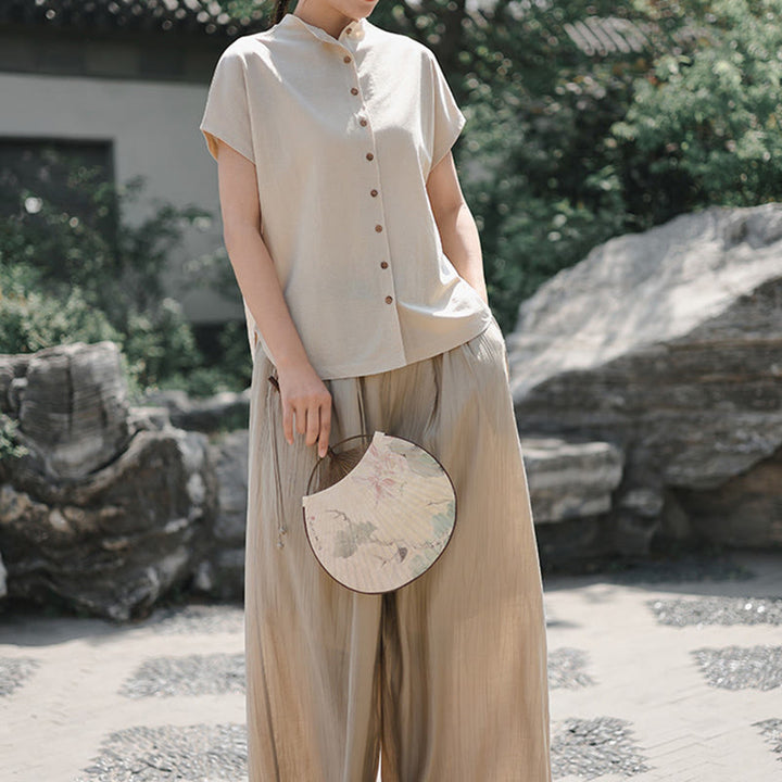 Buddha Stonesヴィンテージボタンデザインスタンドカラーコットン半袖レディースシャツ - image 16