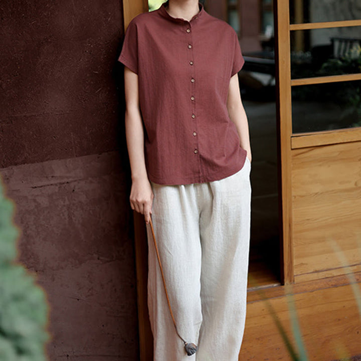 Buddha Stonesヴィンテージボタンデザインスタンドカラーコットン半袖レディースシャツ - image 8