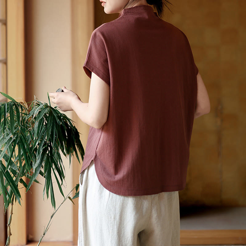 Buddha Stonesヴィンテージボタンデザインスタンドカラーコットン半袖レディースシャツ - image 6