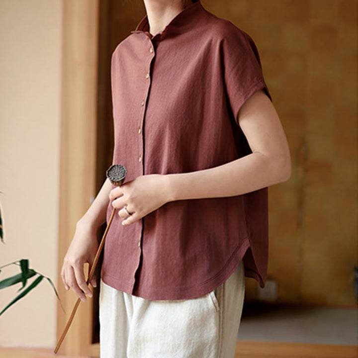 Buddha Stonesヴィンテージボタンデザインスタンドカラーコットン半袖レディースシャツ - image 5