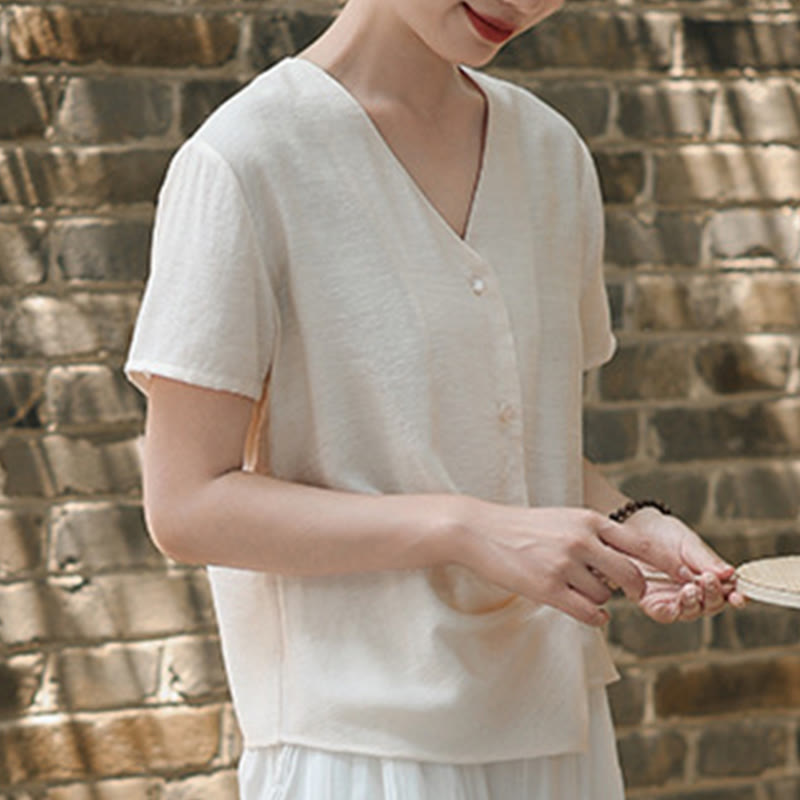 Buddha Stonesボタン不規則なデザインVネックコットンリネンレディース半袖シャツ - image 17
