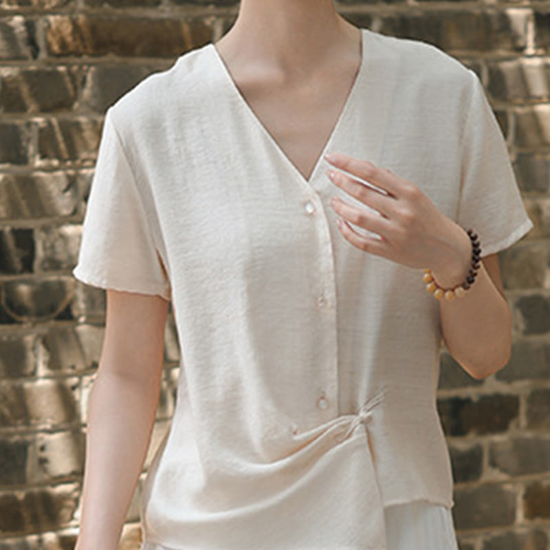 Buddha Stonesボタン不規則なデザインVネックコットンリネンレディース半袖シャツ - image 11