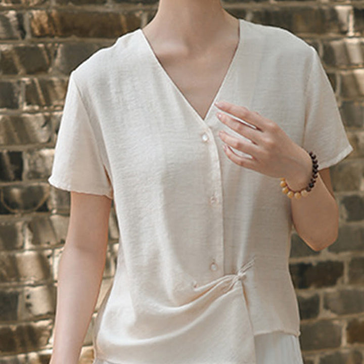 Buddha Stonesボタン不規則なデザインVネックコットンリネンレディース半袖シャツ - image 11