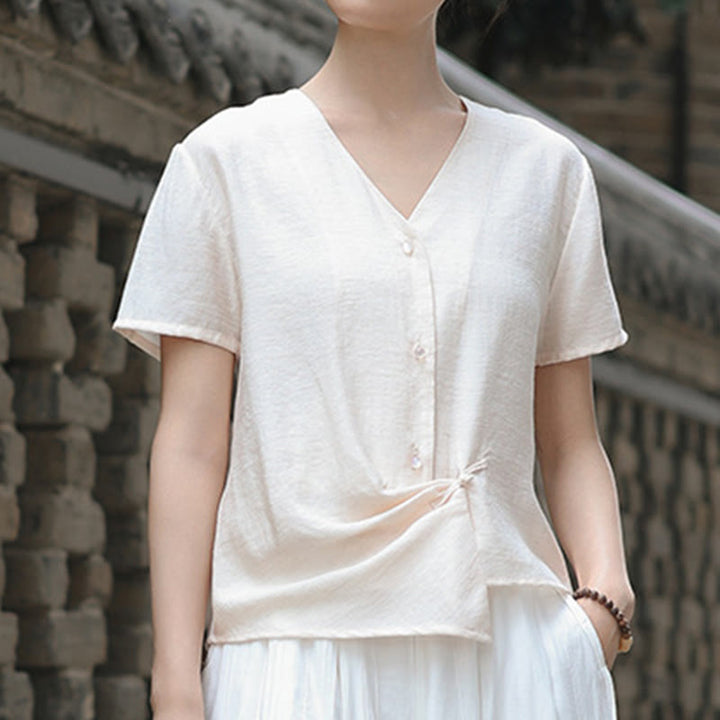 Buddha Stonesボタン不規則なデザインVネックコットンリネンレディース半袖シャツ - image 11