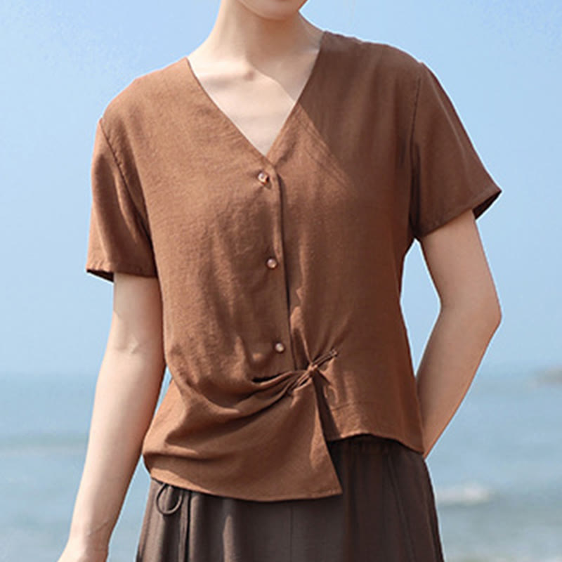Buddha Stonesボタン不規則なデザインVネックコットンリネンレディース半袖シャツ - image 3