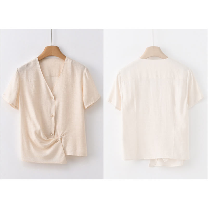 Buddha Stonesボタン不規則なデザインVネックコットンリネンレディース半袖シャツ - image 19