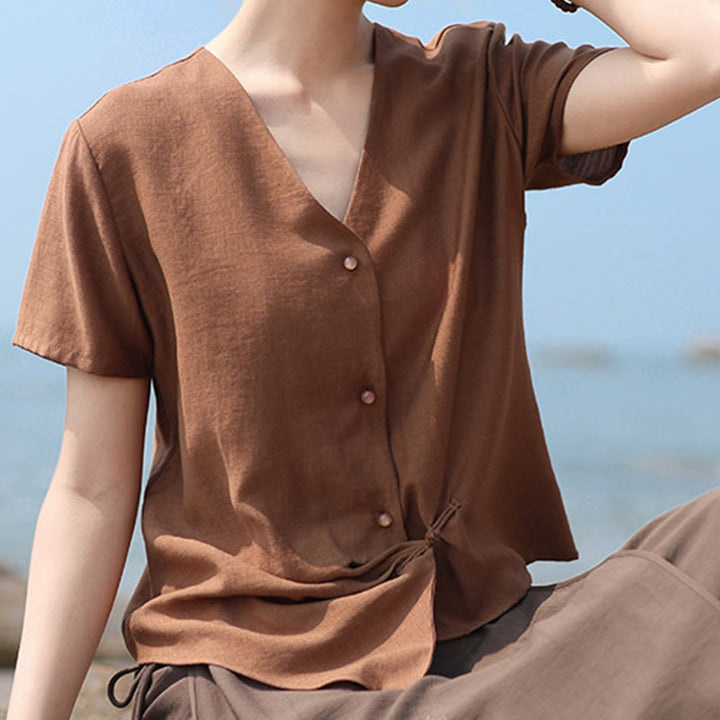 Buddha Stonesボタン不規則なデザインVネックコットンリネンレディース半袖シャツ - image 5