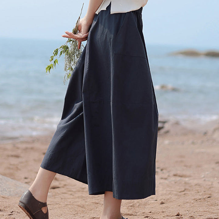 Buddha Stonesカジュアル 無地 コットン ハイウエスト レディース ワイドレッグ カプリ クロップドパンツ ポケット付き - image 6