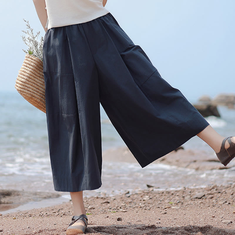 Buddha Stonesカジュアル 無地 コットン ハイウエスト レディース ワイドレッグ カプリ クロップドパンツ ポケット付き - ミッドナイトブルー - US8-10，UK/AU12-14，EU40-42 (2XL) - image 0