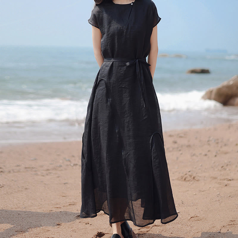 Buddha Stonesプレーン イレギュラーヘム 半袖 コットンリネン マキシドレス - 黒 - US8-10，UK/AU12-14，EU40-42 (2XL) - image 1