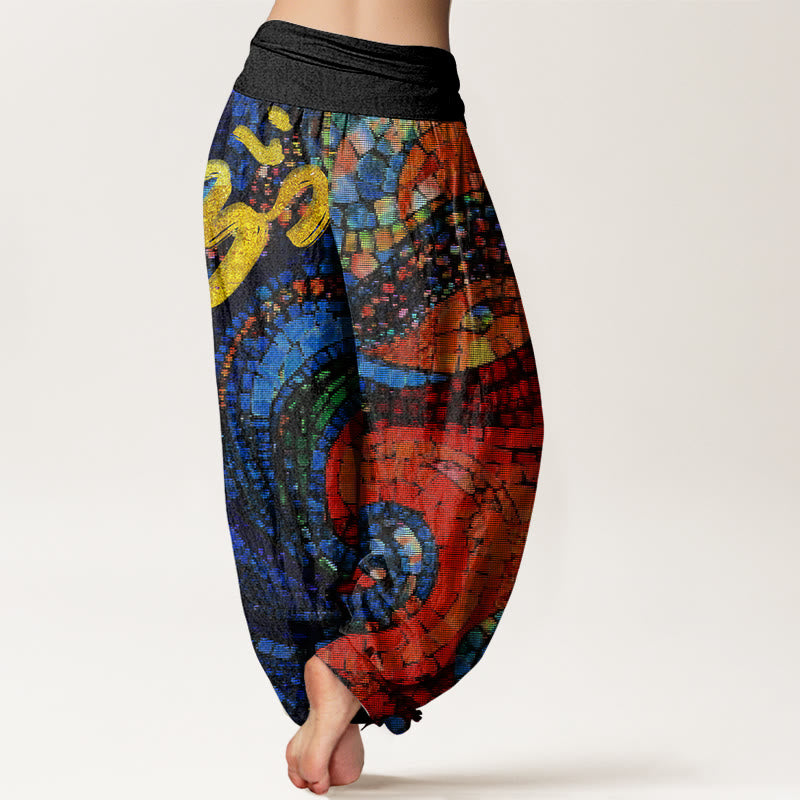 Buddha Stonesカジュアルゴールデンオームシンボルモザイクパターンレディース伸縮性ウエストハーレムパンツ - image 2