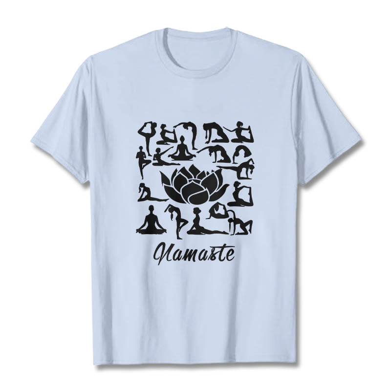 Buddha Stonesカジュアル 蓮の花 様々なヨガのポーズ柄 Tシャツ - ライトシアン - 2XL - image 19