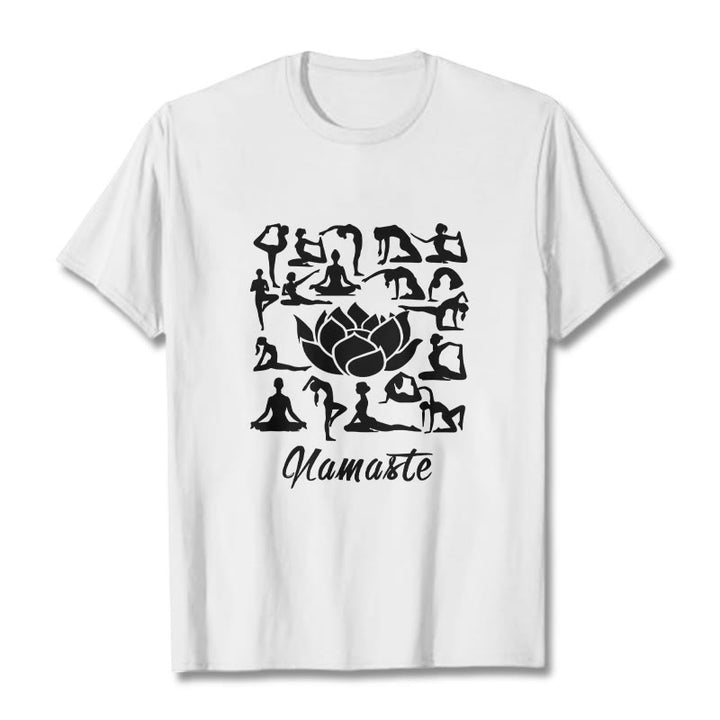 Buddha Stonesカジュアル 蓮の花 様々なヨガのポーズ柄 Tシャツ - 白 - 2XL - image 8